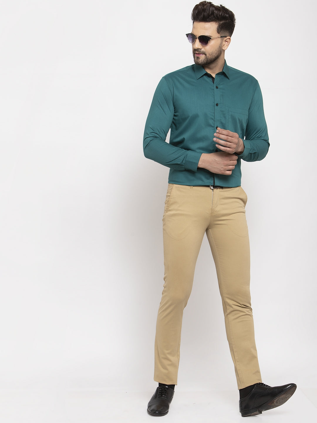 Teal Blue Cotton Formal Shirts - Mens Shirt with Black Detail