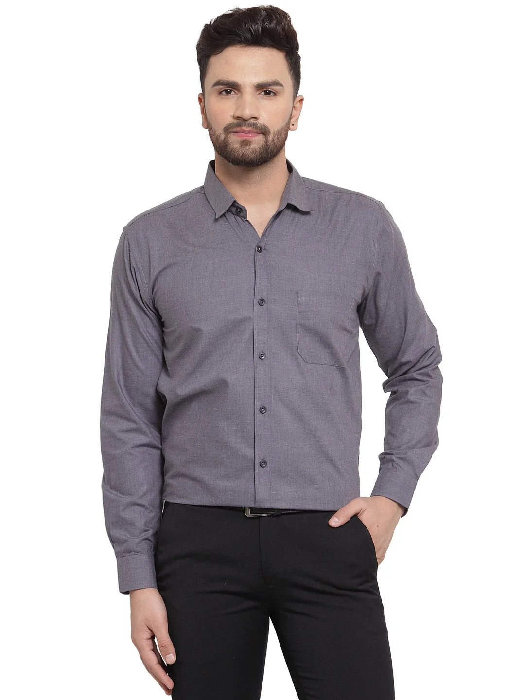 Indian Needle Mens Formal Shirts: Charcoal Grey Cotton Shirt