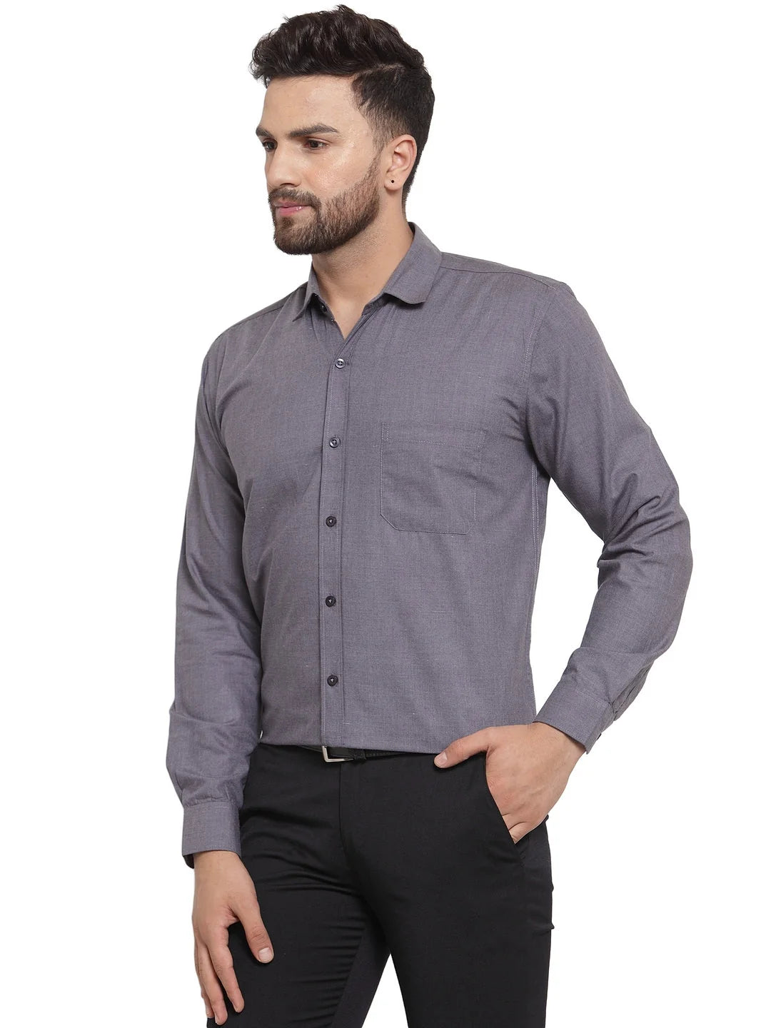 Indian Needle Mens Formal Shirts: Charcoal Grey Cotton Shirt