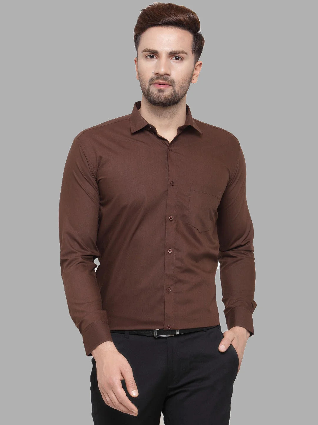 Indian Needle Mens Cotton Coffee Brown Formal Shirts