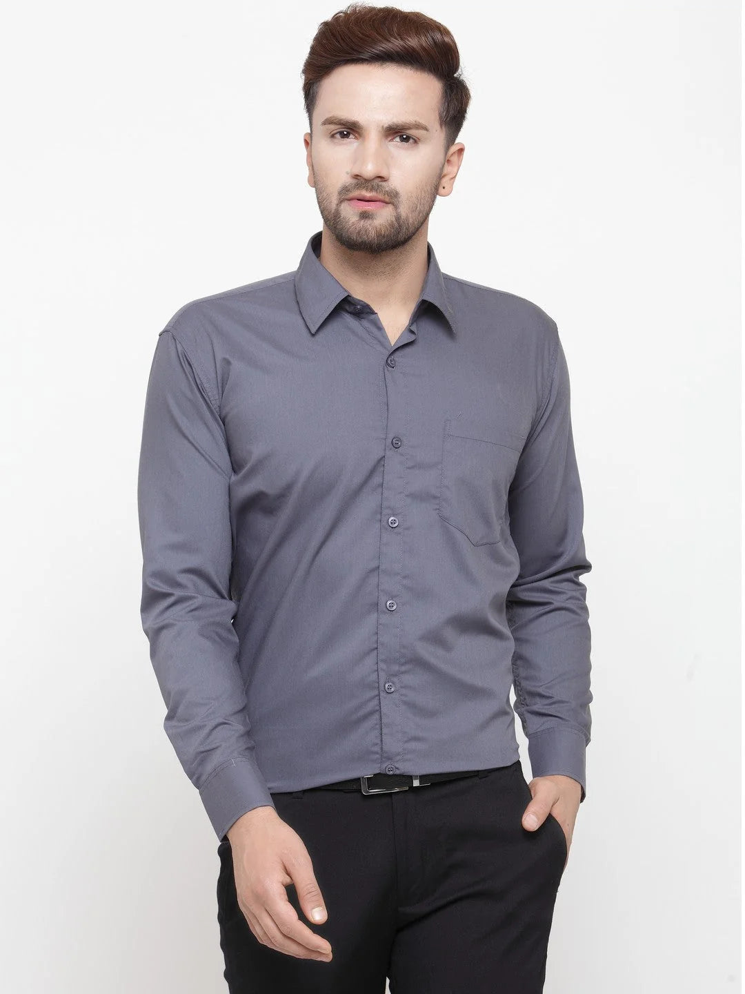 Grey Cotton Mens Shirt - Indian Needle Solid Formal Shirts
