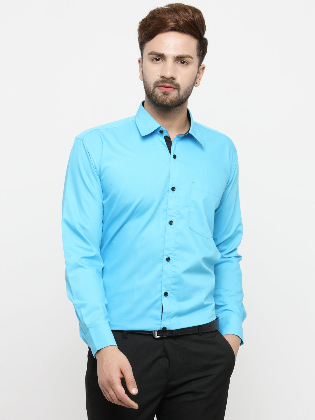 Sky Blue Cotton Formal Shirt - Mens Shirt with Black Details