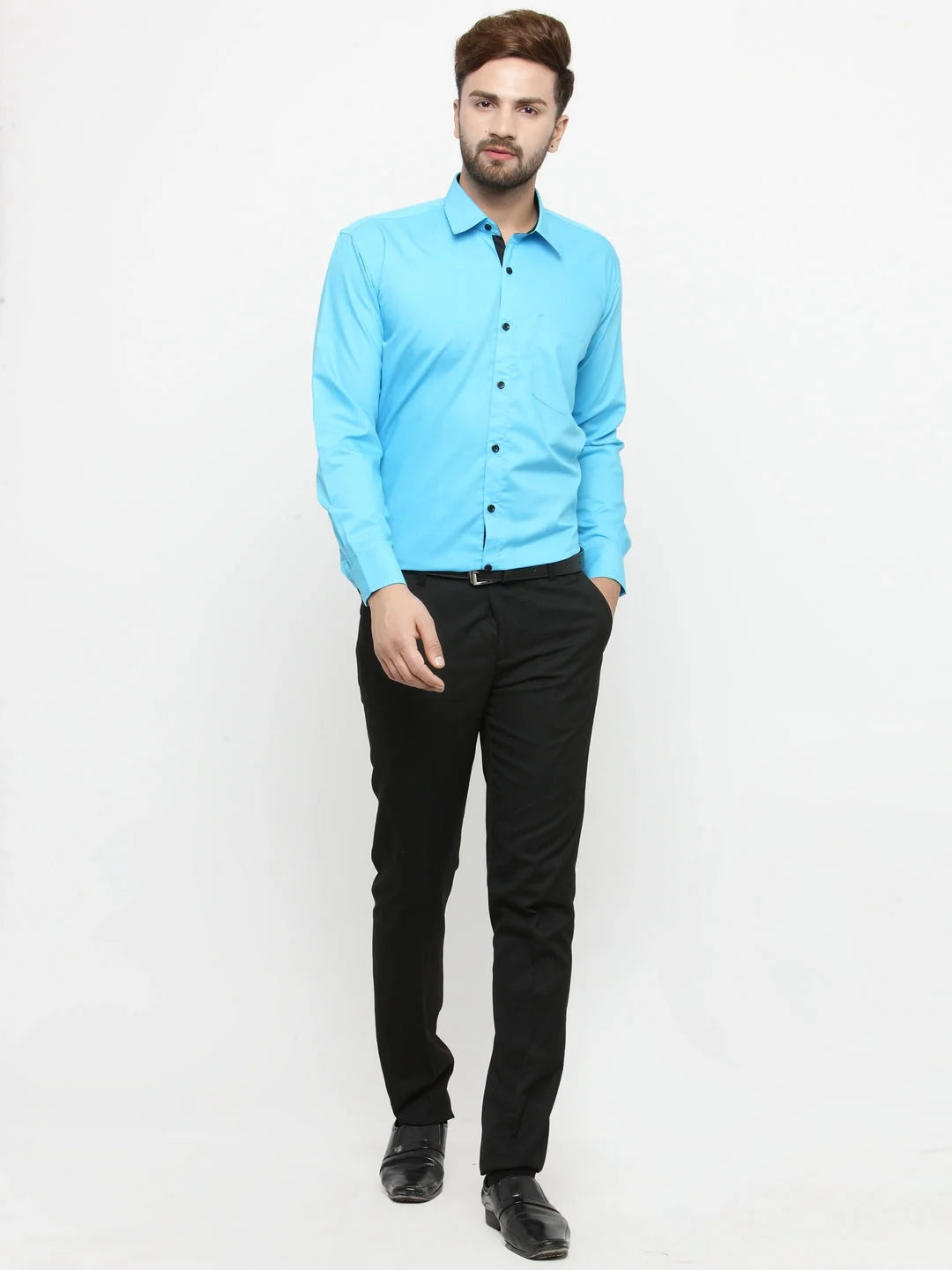 Sky Blue Cotton Formal Shirt - Mens Shirt with Black Details