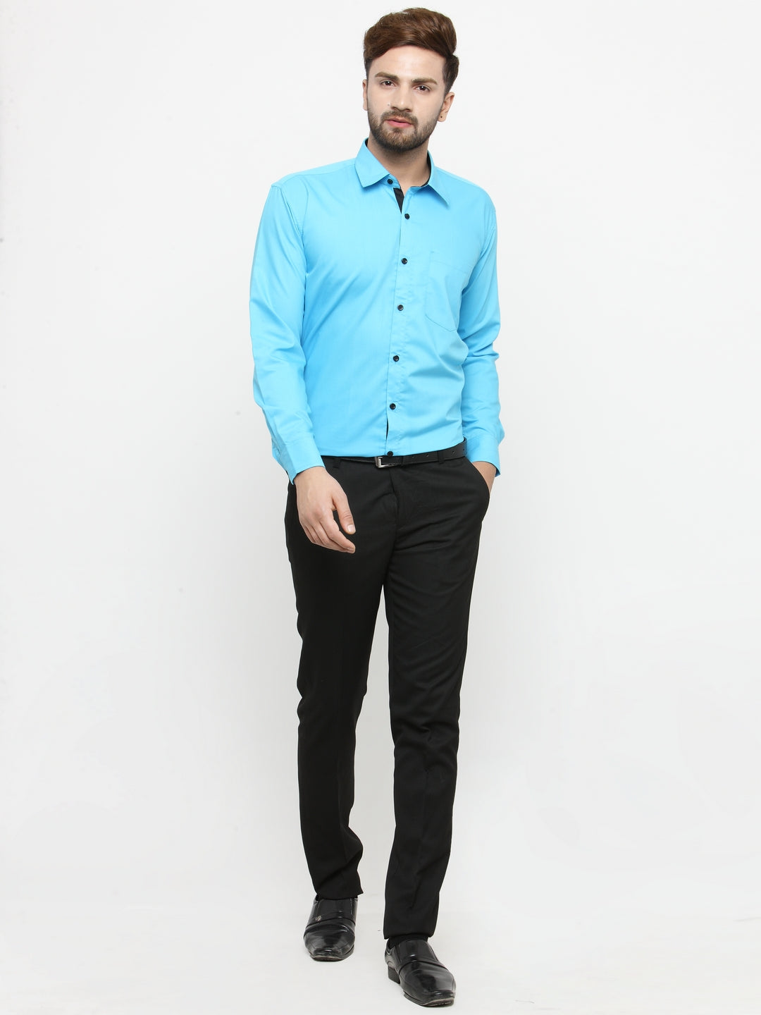 Sky Blue Cotton Formal Shirt - Mens Shirt with Black Details