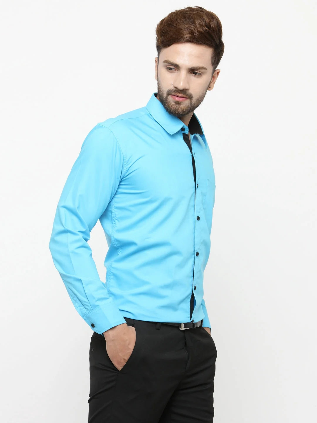 Sky Blue Cotton Formal Shirt - Mens Shirt with Black Details