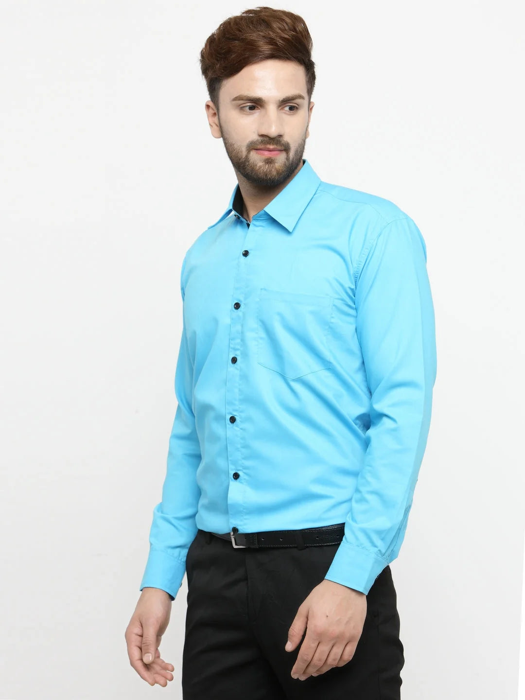 Sky Blue Cotton Formal Shirt - Mens Shirt with Black Details
