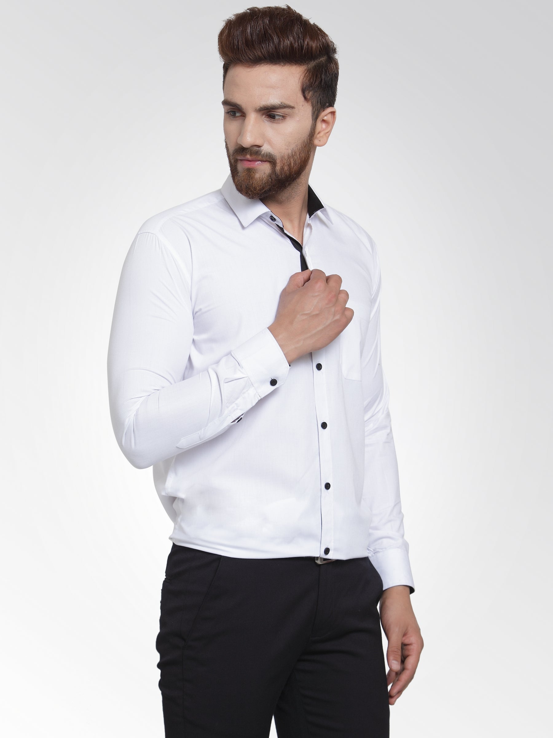 White Cotton Formal Shirts - Crisp Mens Shirt with Black Detail