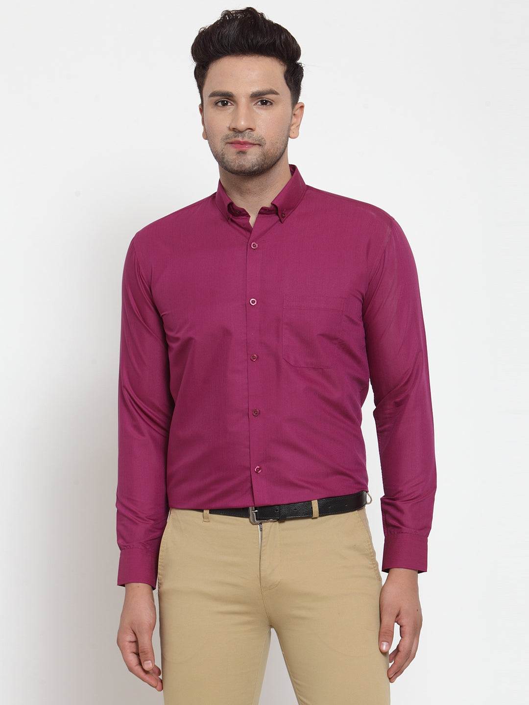 Indian Needle Red Men's Solid Button Down Formal Shirts