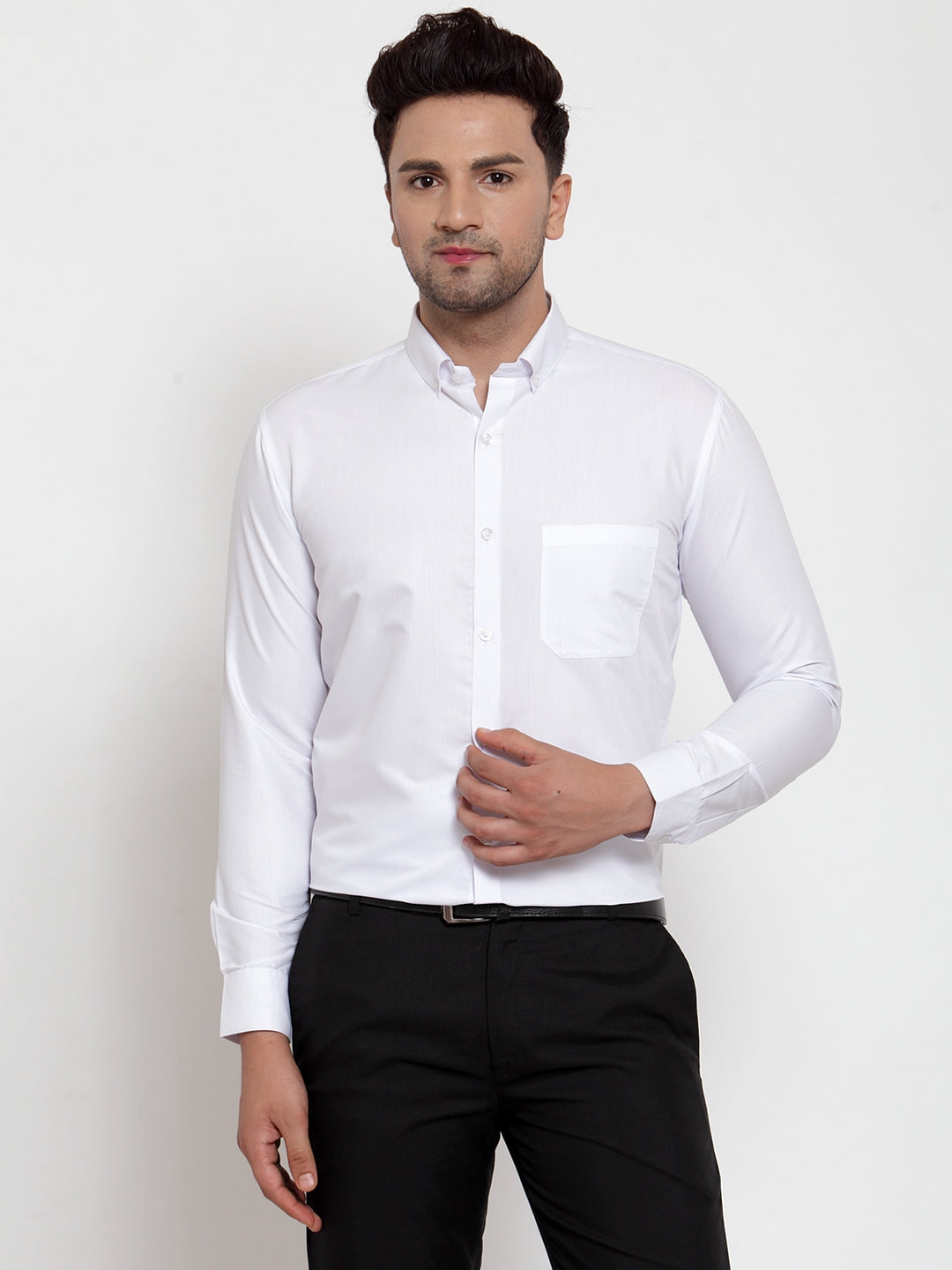 Indian Needle White Men's Cotton Solid Button Down Formal Shirts