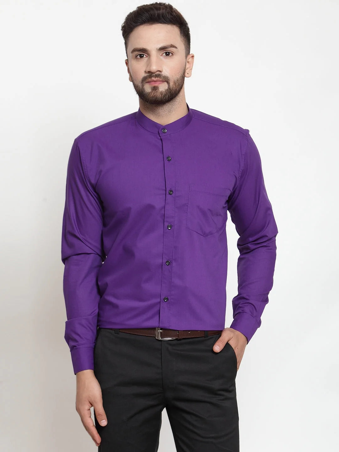 Purple Cotton Mens Shirt - Solid Mandarin Collar Formal Shirt