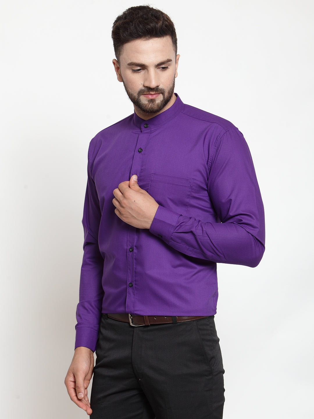 Purple Cotton Mens Shirt - Solid Mandarin Collar Formal Shirt