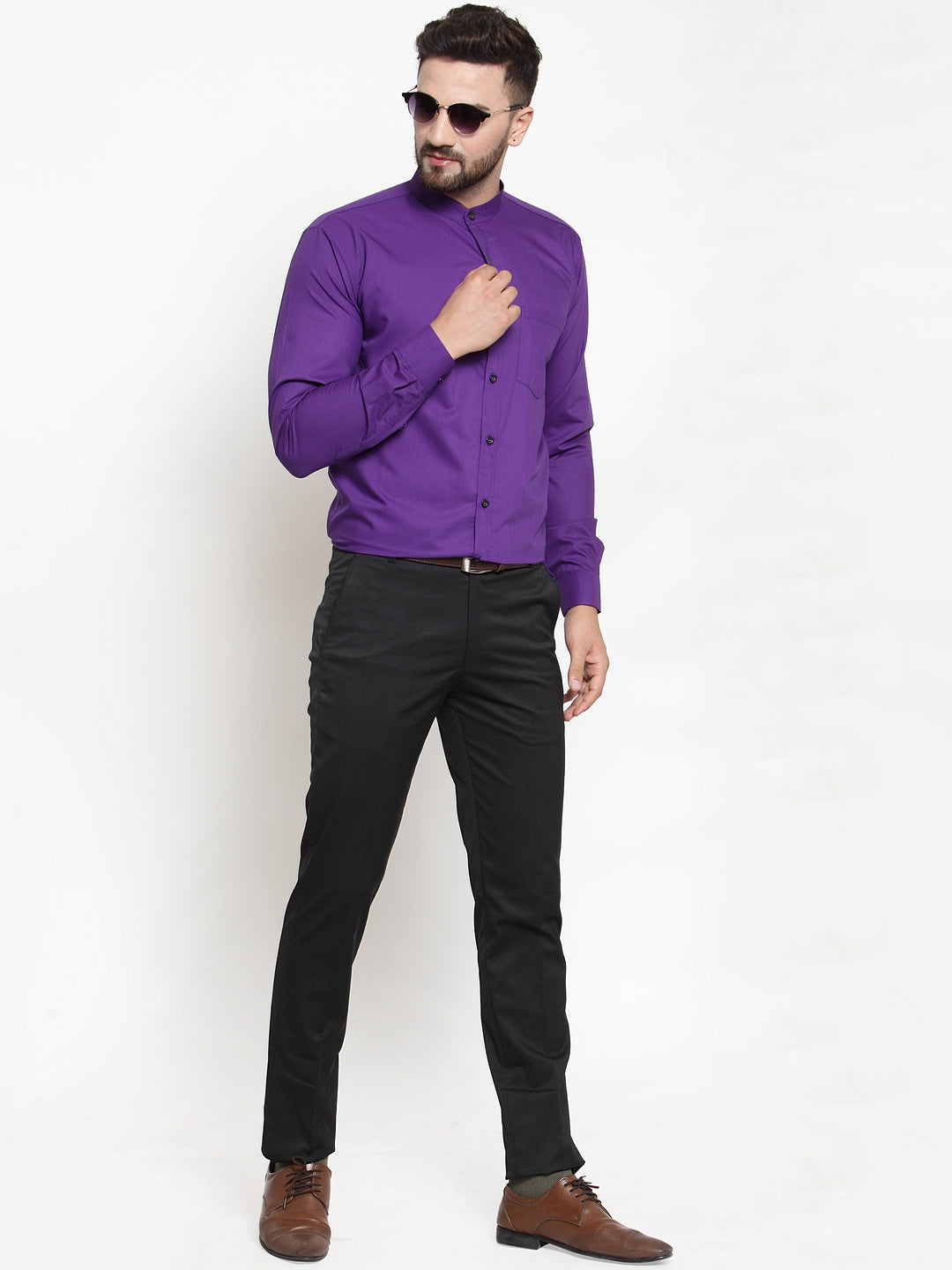 Purple Cotton Mens Shirt - Solid Mandarin Collar Formal Shirt
