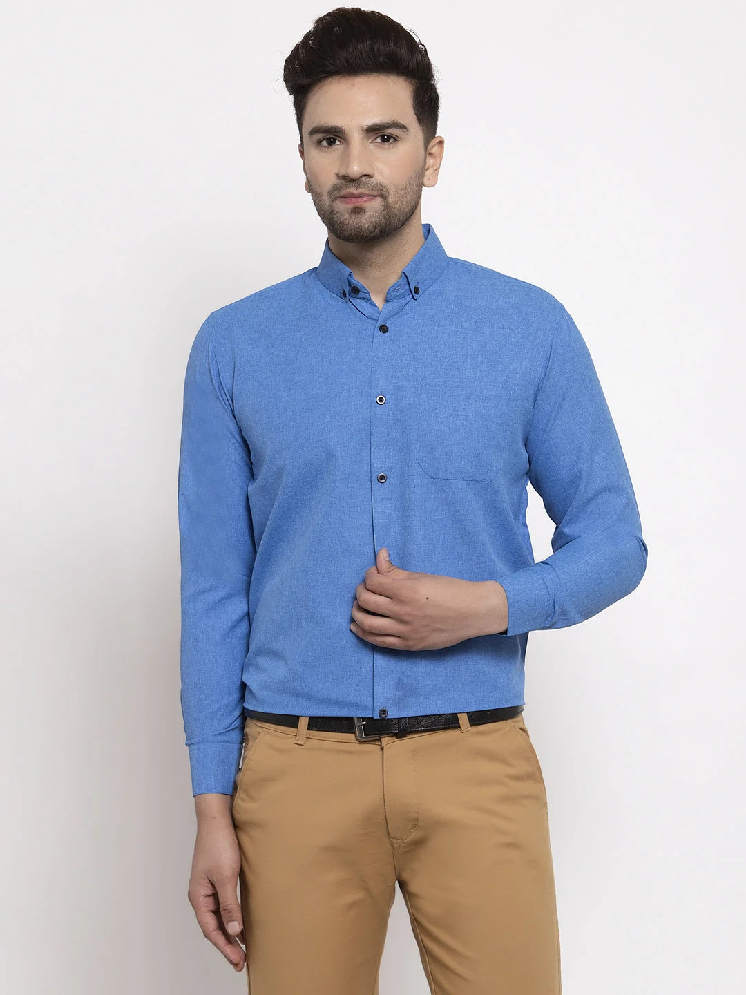 Blue Cotton Solid Button Down Assorted Formal Shirts for Men