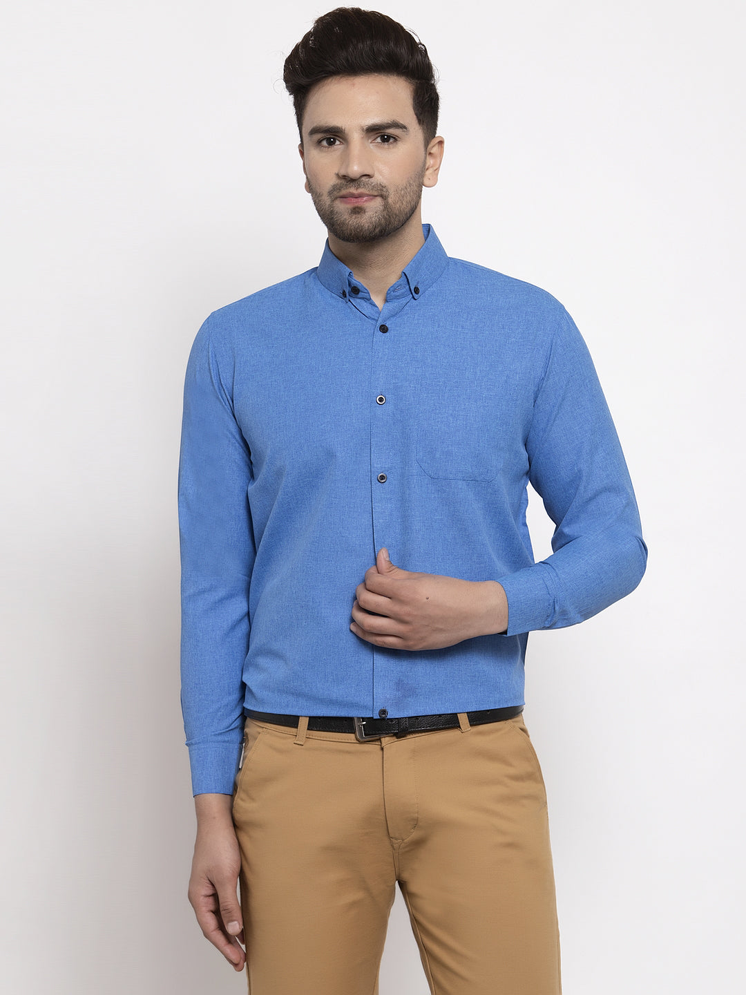 Blue Cotton Solid Button Down Assorted Formal Shirts for Men