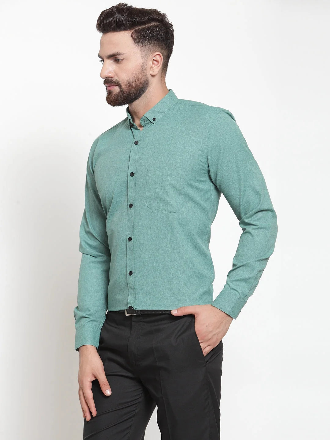 Green Cotton Formal Shirts - Solid Button Down Mens Shirt