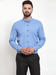 Indian Needle Blue Men's Cotton Solid Button Down Shirts