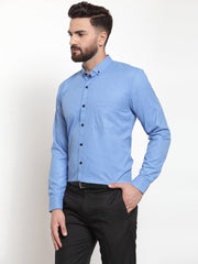 Indian Needle Blue Men's Cotton Solid Button Down Shirts