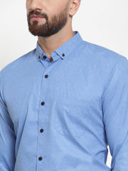 Indian Needle Blue Men's Cotton Solid Button Down Shirts