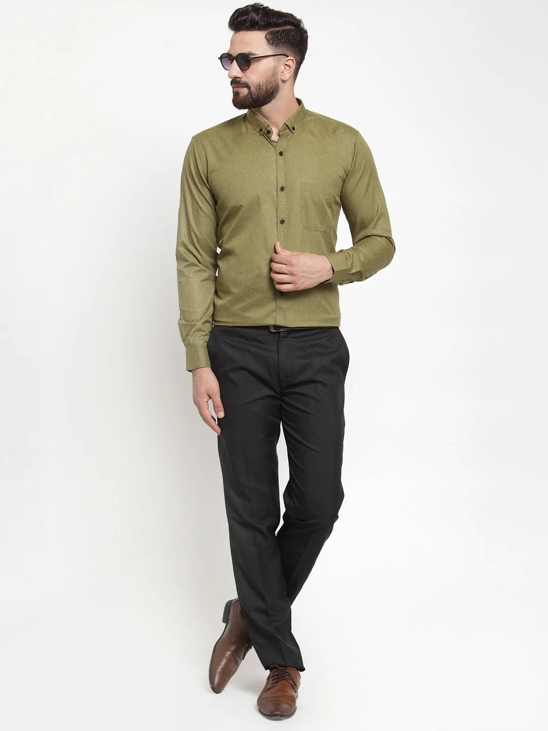 Olive Cotton Mens Shirt - Solid Formal Shirts | Indian Needle