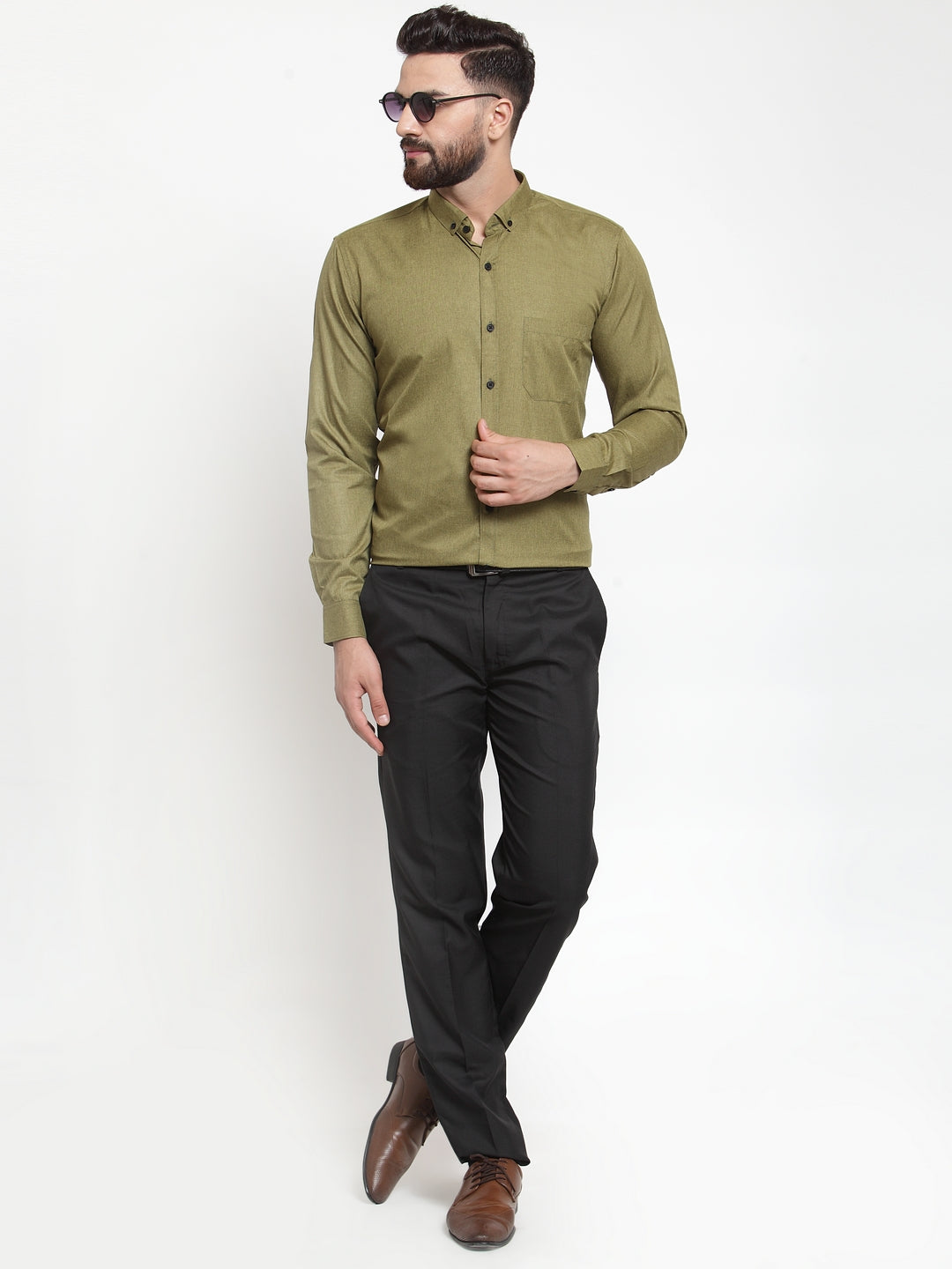 Olive Cotton Mens Shirt - Solid Formal Shirts | Indian Needle