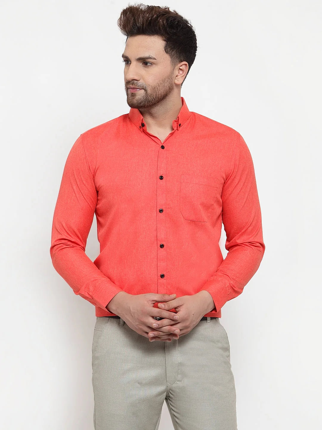 Orange Cotton Formal Shirt for Men | Solid Button Down Mens Shirt
