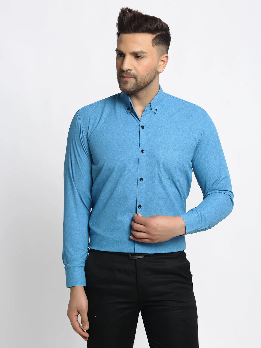 Blue Cotton Solid Button Down Formal Shirts - Mens Shirt Deal