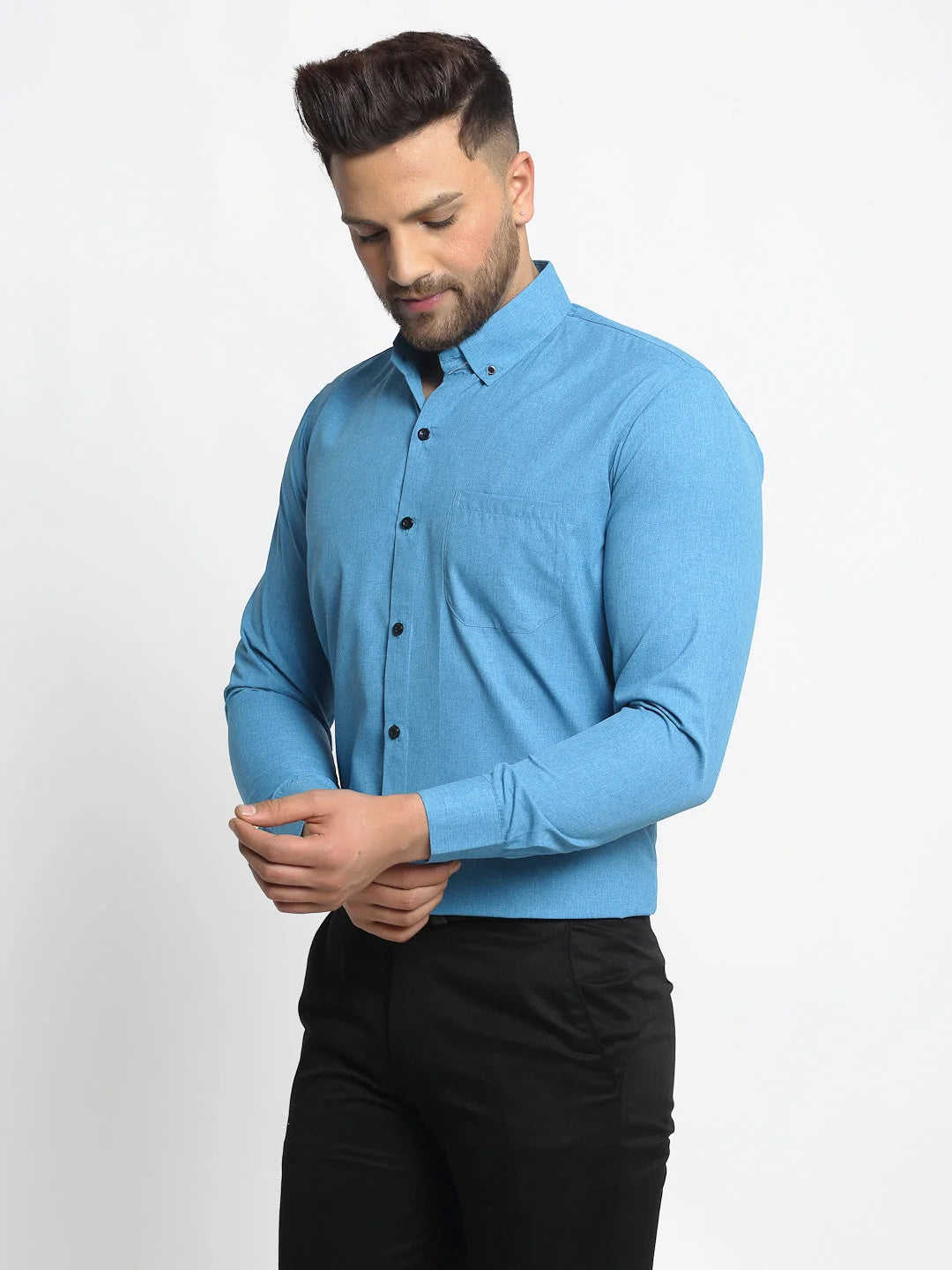Blue Cotton Solid Button Down Formal Shirts - Mens Shirt Deal