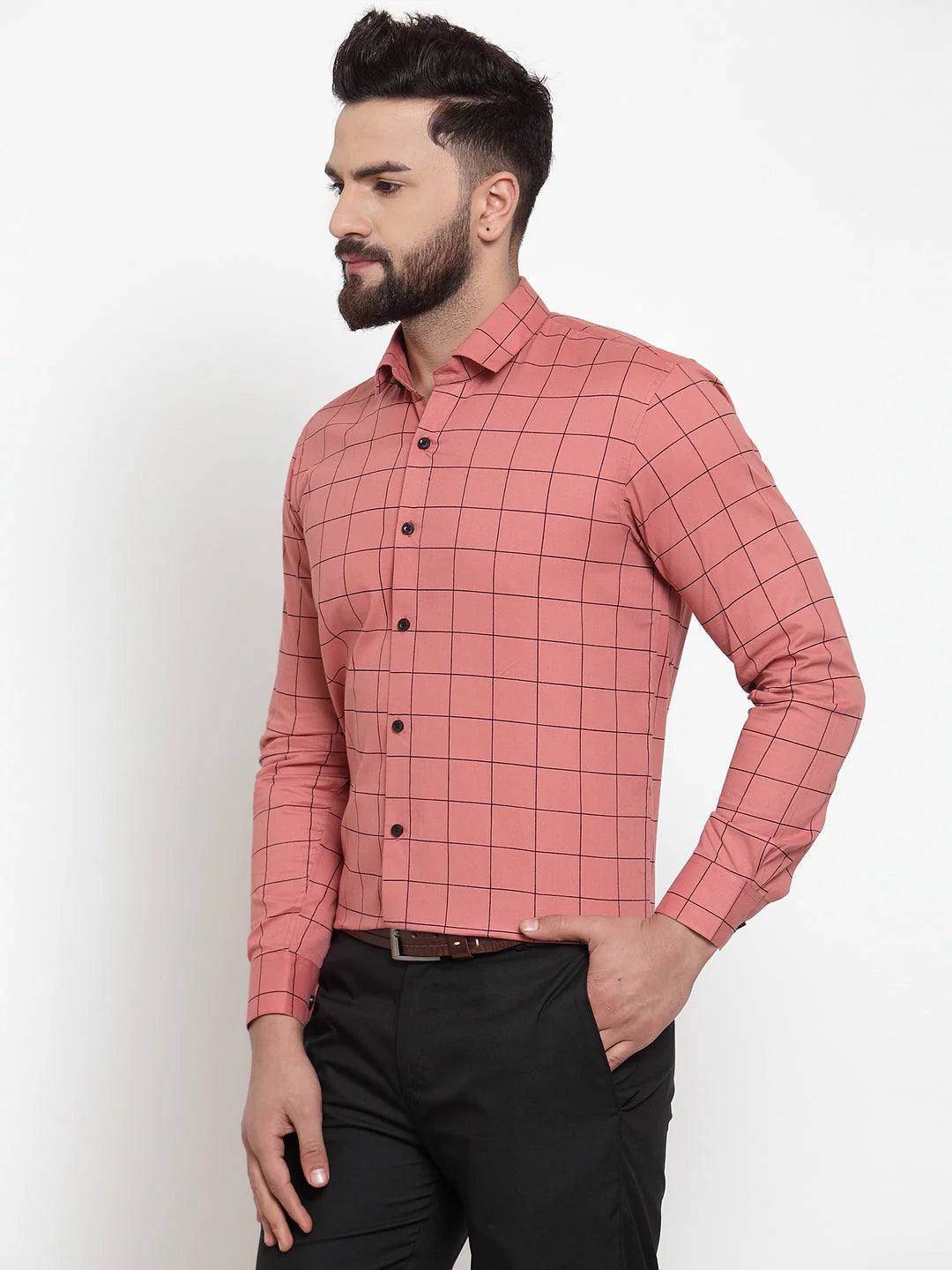 Peach Cotton Formal Shirts for Men | Checked Mens Shirt