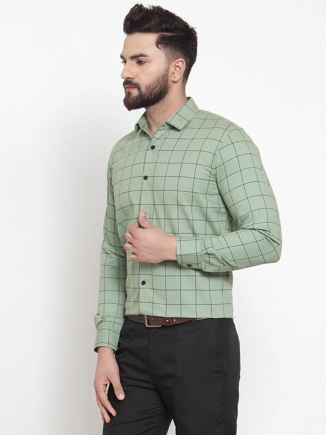 Green Checked Cotton Formal Shirts - Indian Needle Mens Shirt