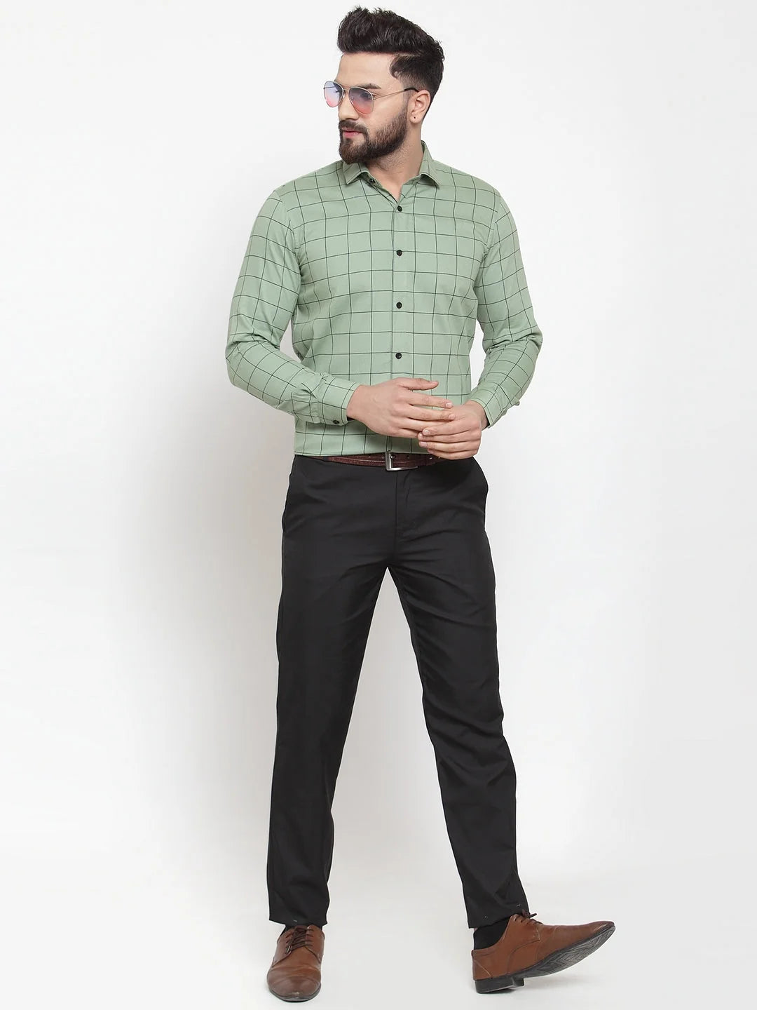 Green Checked Cotton Formal Shirts - Indian Needle Mens Shirt