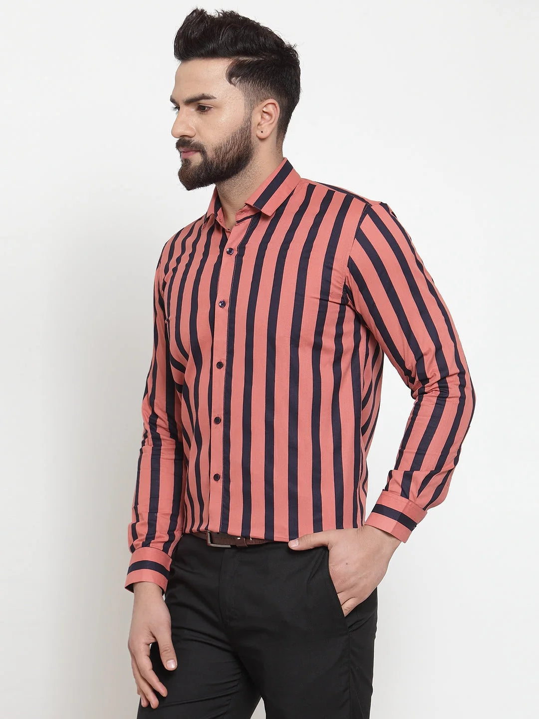 Red Striped Cotton Formal Shirts - Indian Needle Mens Shirt