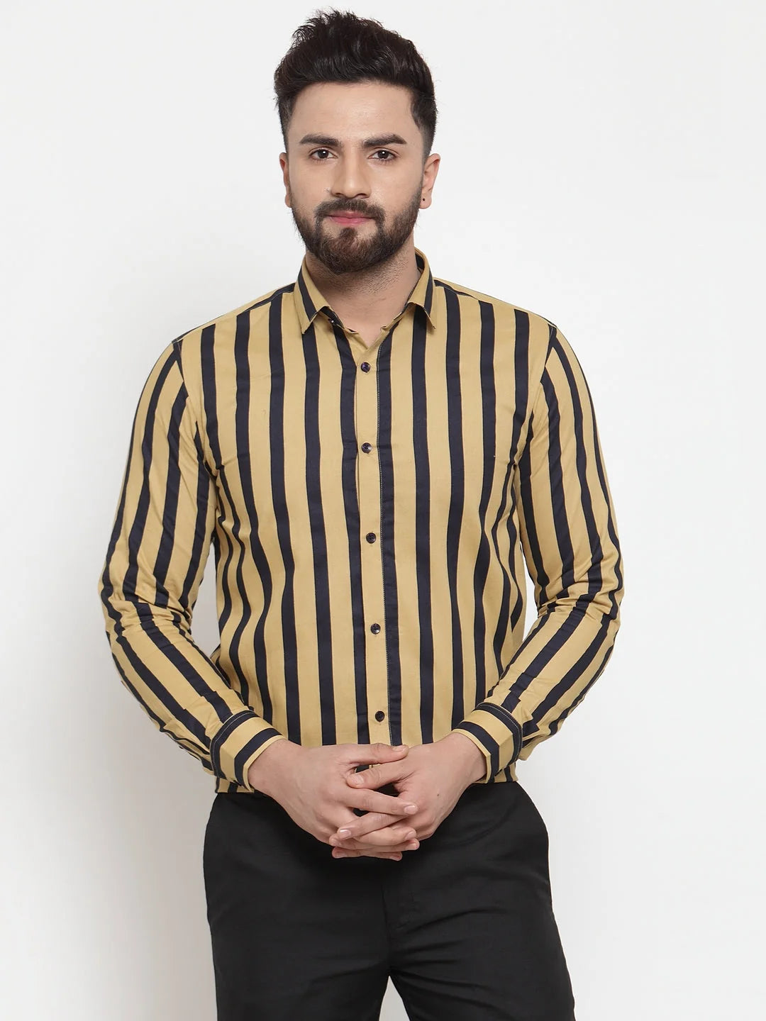 Yellow Striped Cotton Formal Shirts - Indian Needle Mens Shirt
