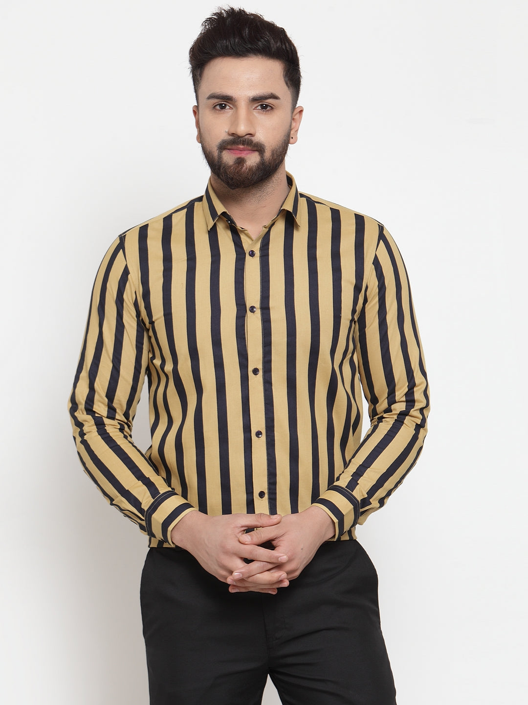 Indian Needle Yellow Men's Cotton Striped Formal Shirts