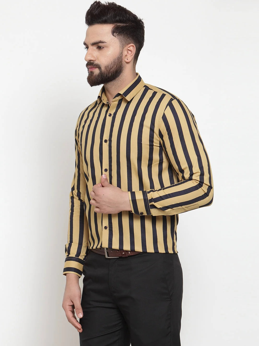 Yellow Striped Cotton Formal Shirts - Indian Needle Mens Shirt
