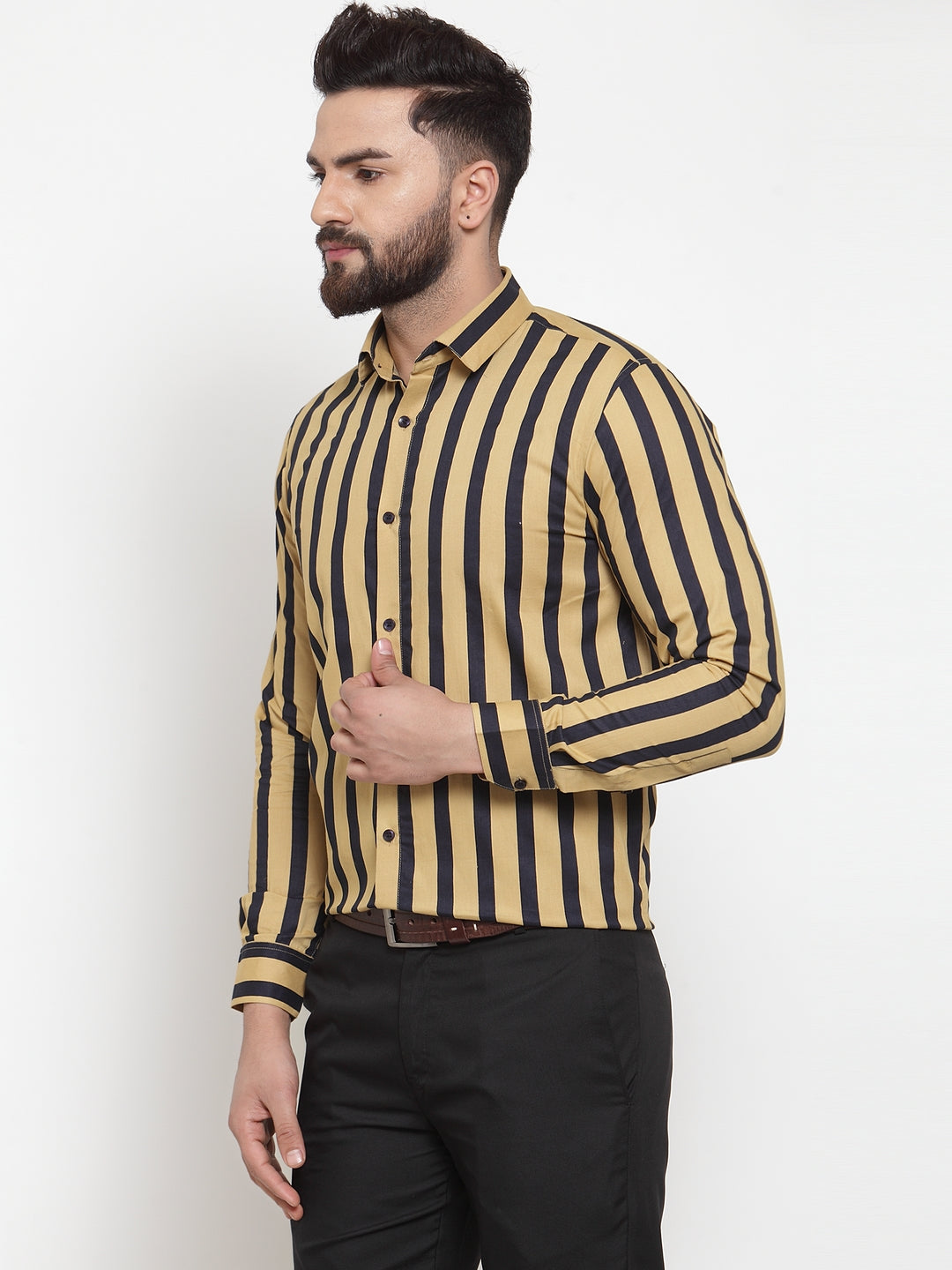 Yellow Striped Cotton Formal Shirts - Indian Needle Mens Shirt