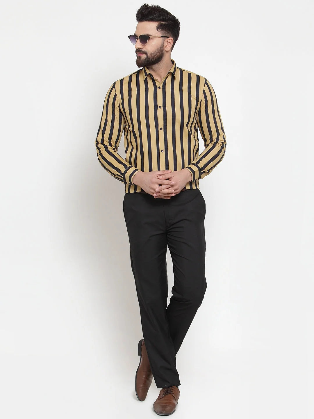 Yellow Striped Cotton Formal Shirts - Indian Needle Mens Shirt