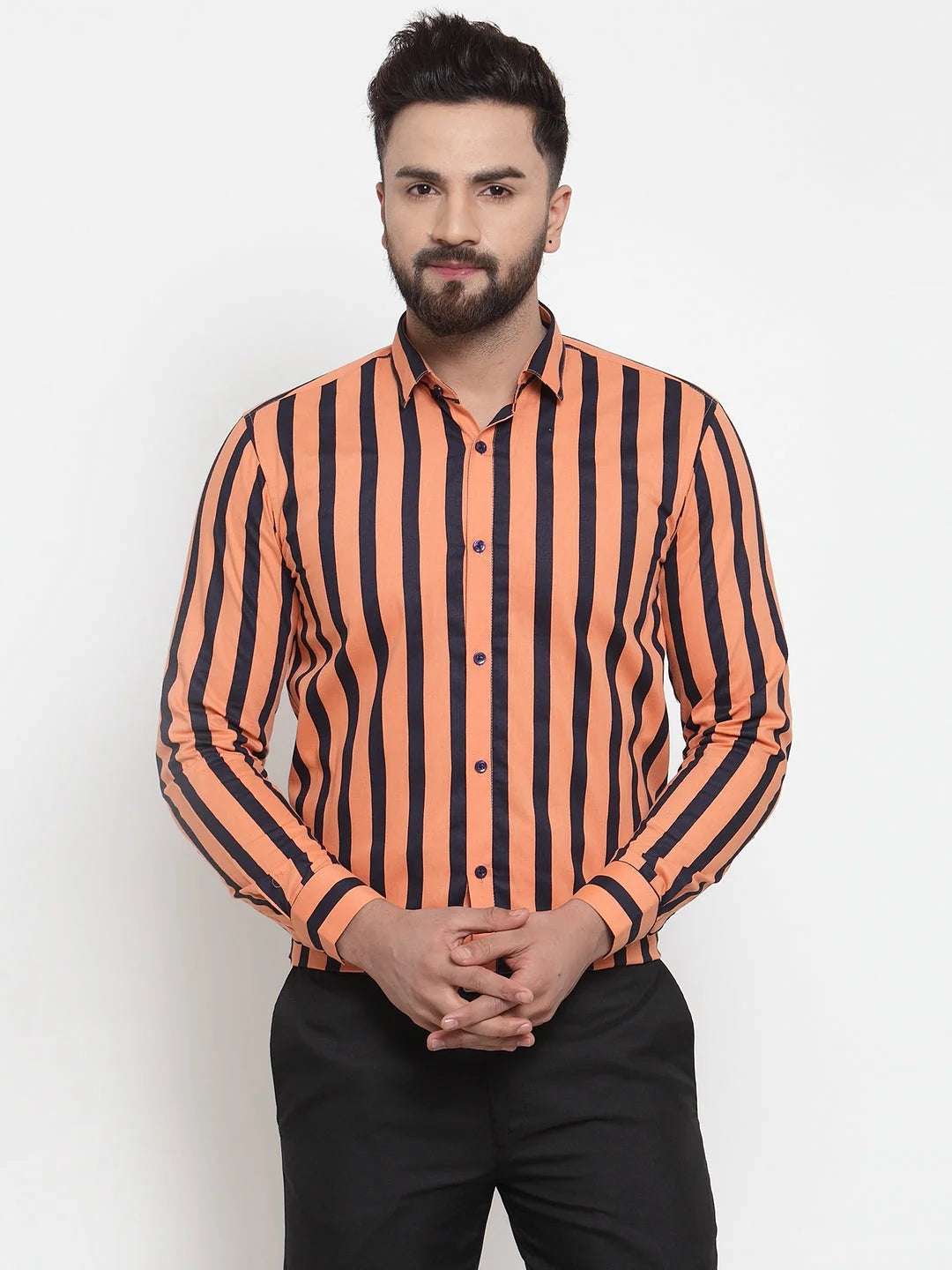 Orange Striped Cotton Formal Shirts - Indian Needle Mens Shirt