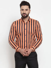 Indian Needle Orange Men's Cotton Striped Formal Shirts