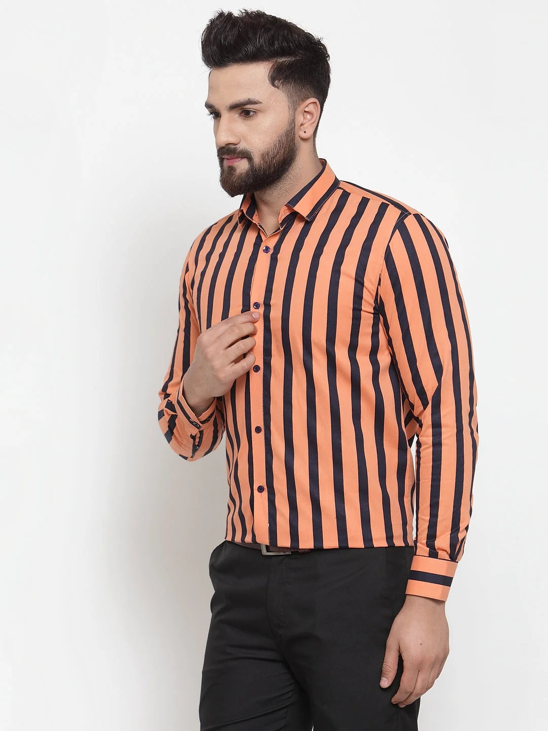 Orange Striped Cotton Formal Shirts - Indian Needle Mens Shirt