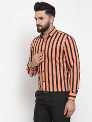Indian Needle Orange Men's Cotton Striped Formal Shirts
