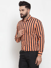Indian Needle Orange Men's Cotton Striped Formal Shirts