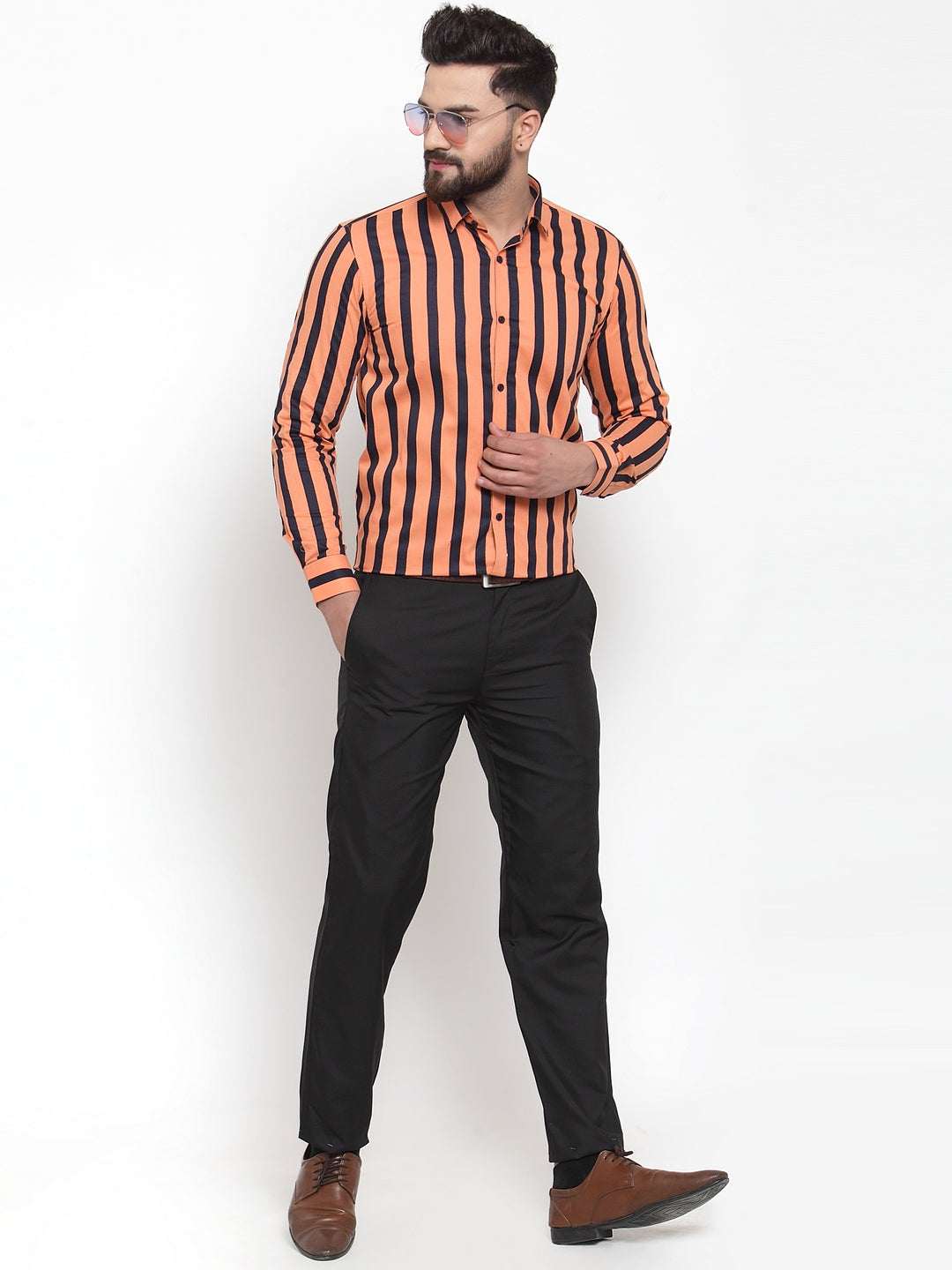 Orange Striped Cotton Formal Shirts - Indian Needle Mens Shirt