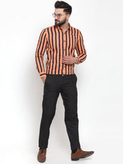 Indian Needle Orange Men's Cotton Striped Formal Shirts