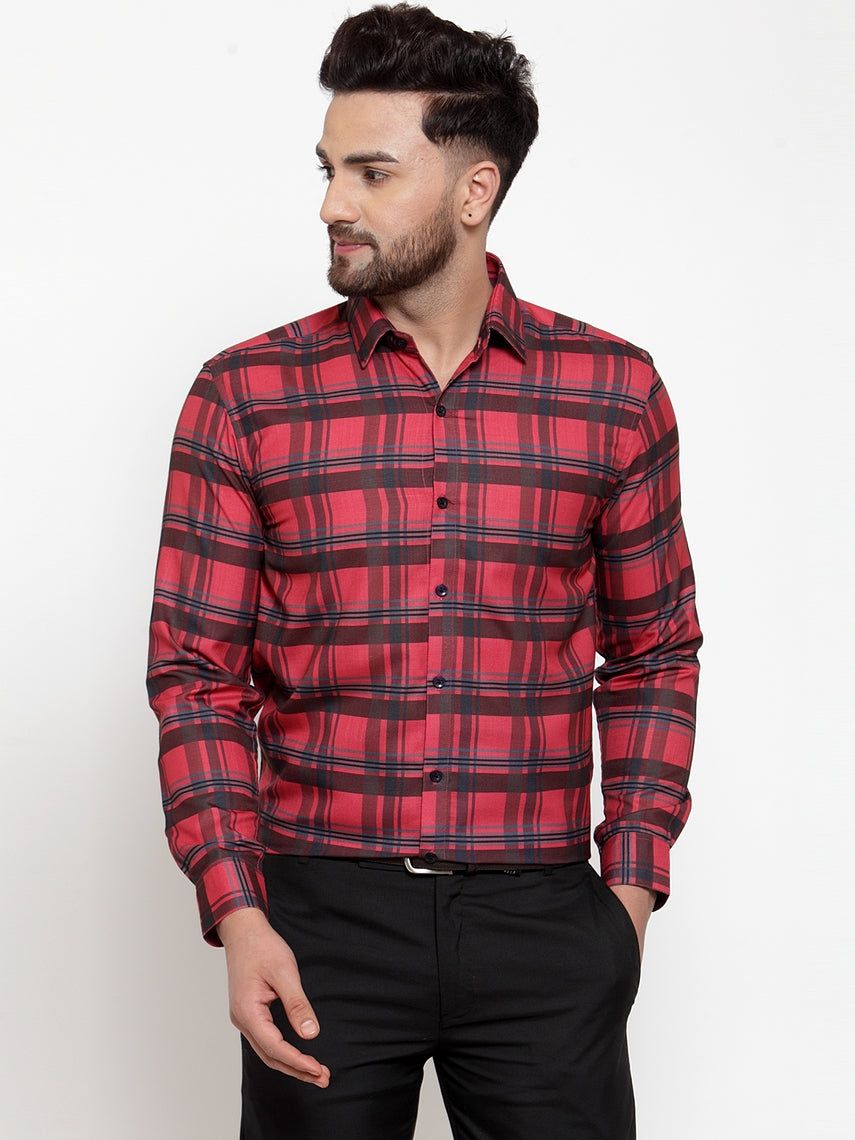 Needle Red Men's Cotton Checked Formal Shirt's