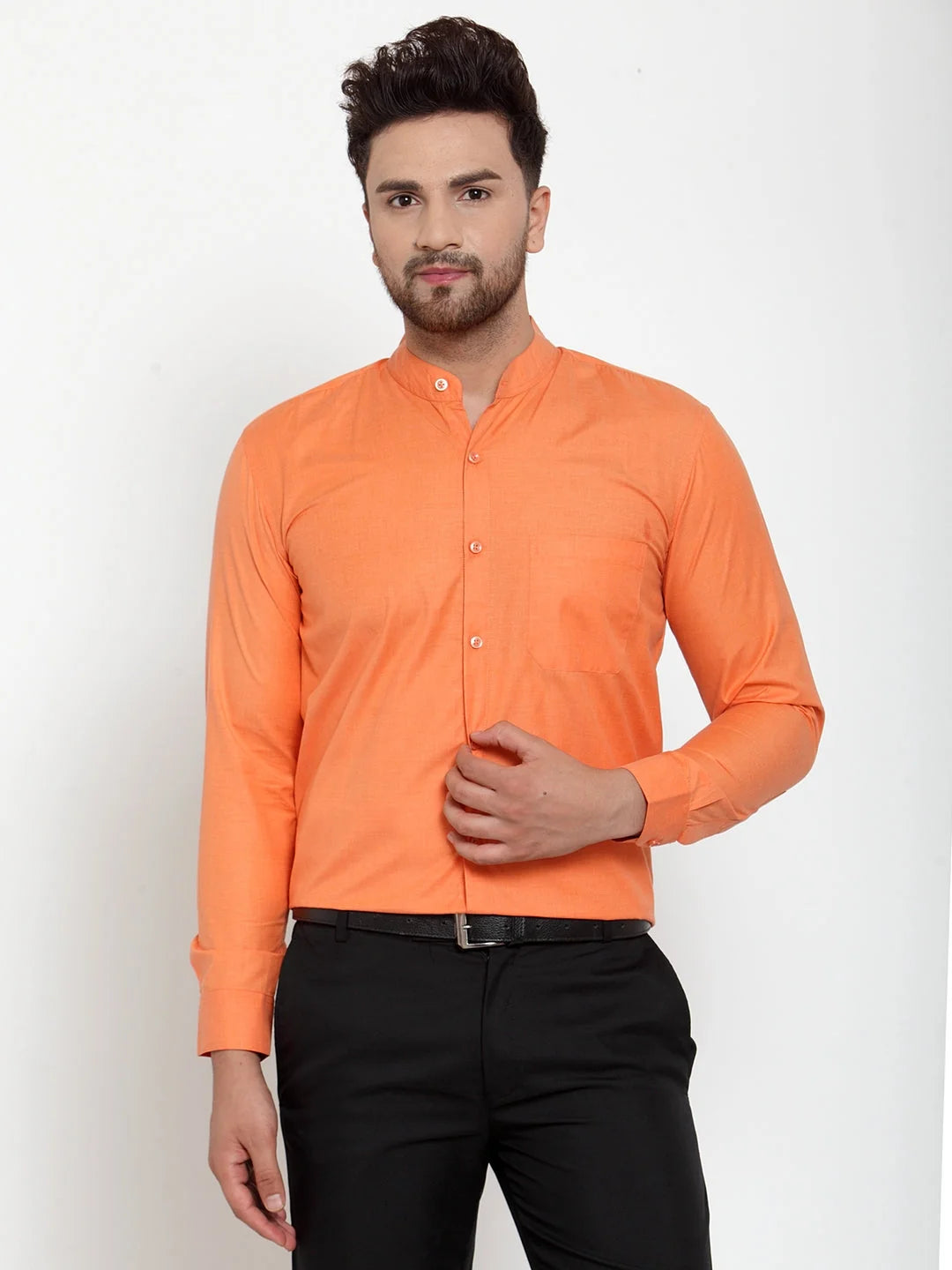 Orange Cotton Mandarin Collar Formal Shirts for Men