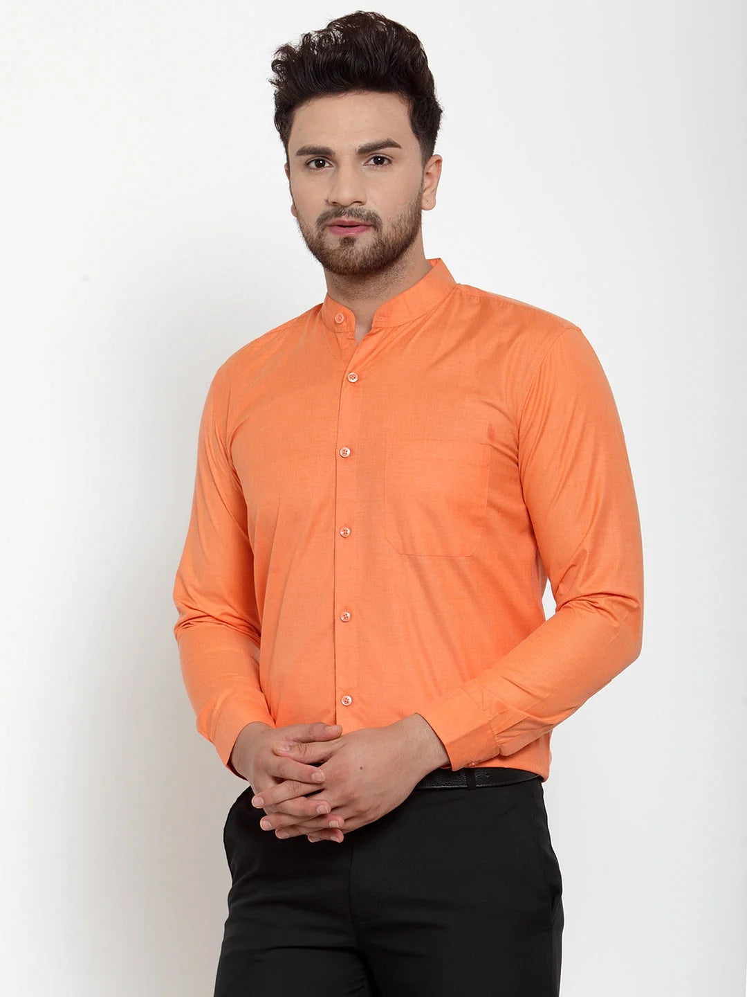 Orange Cotton Mandarin Collar Formal Shirts for Men