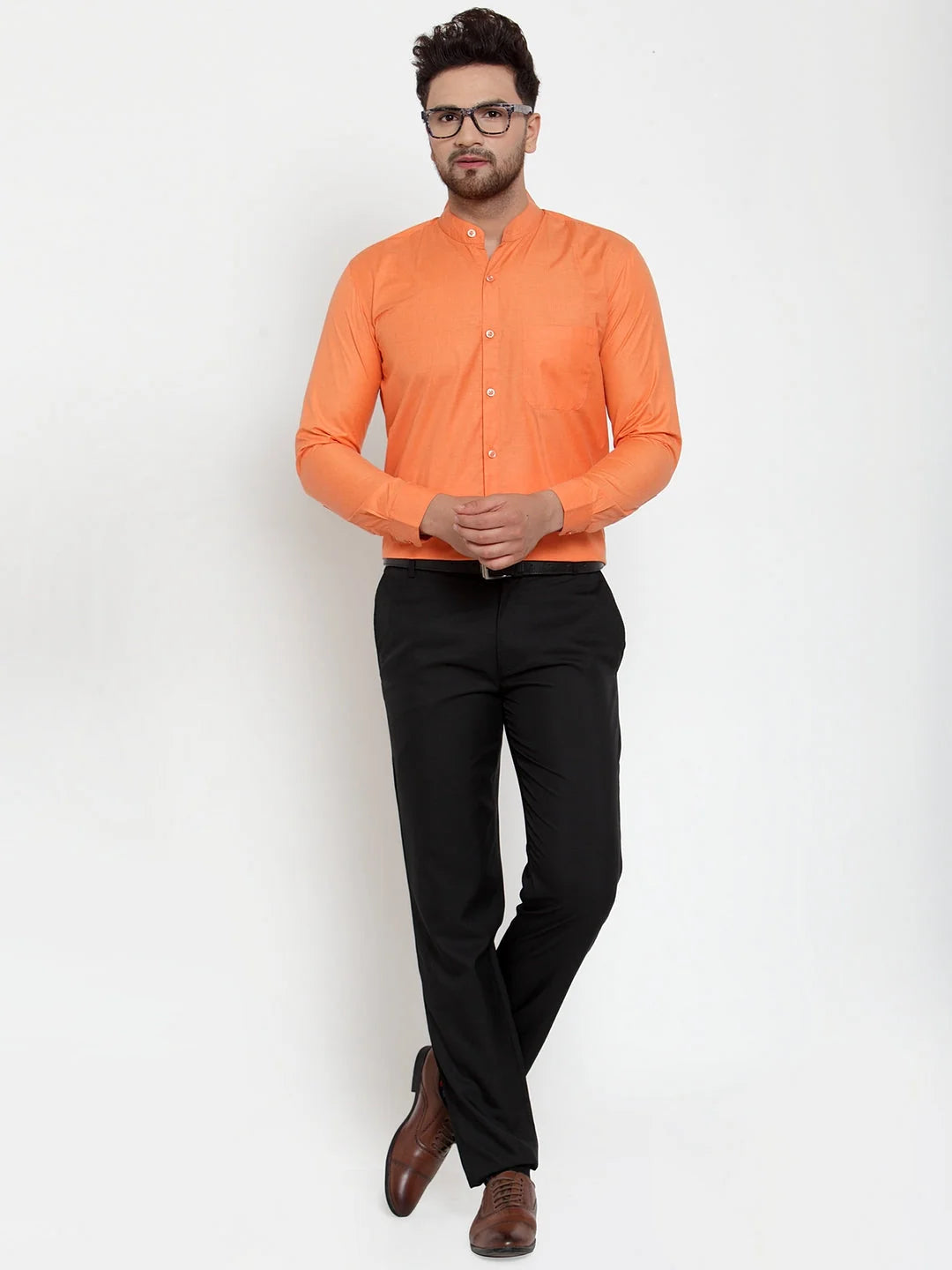 Orange Cotton Mandarin Collar Formal Shirts for Men
