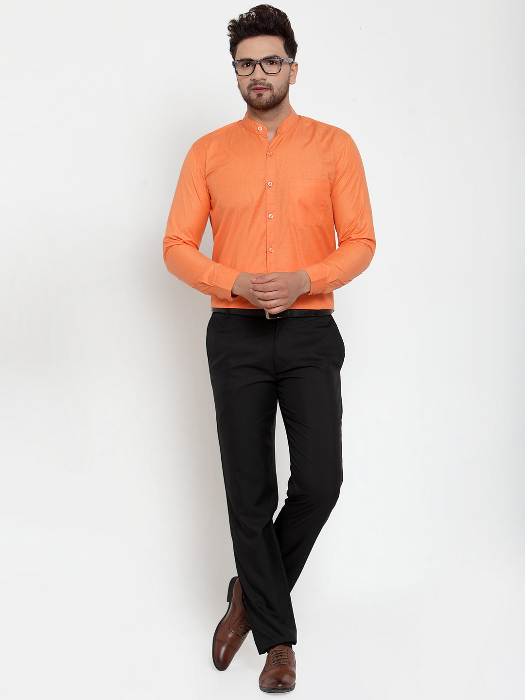 Orange Cotton Mandarin Collar Formal Shirts for Men