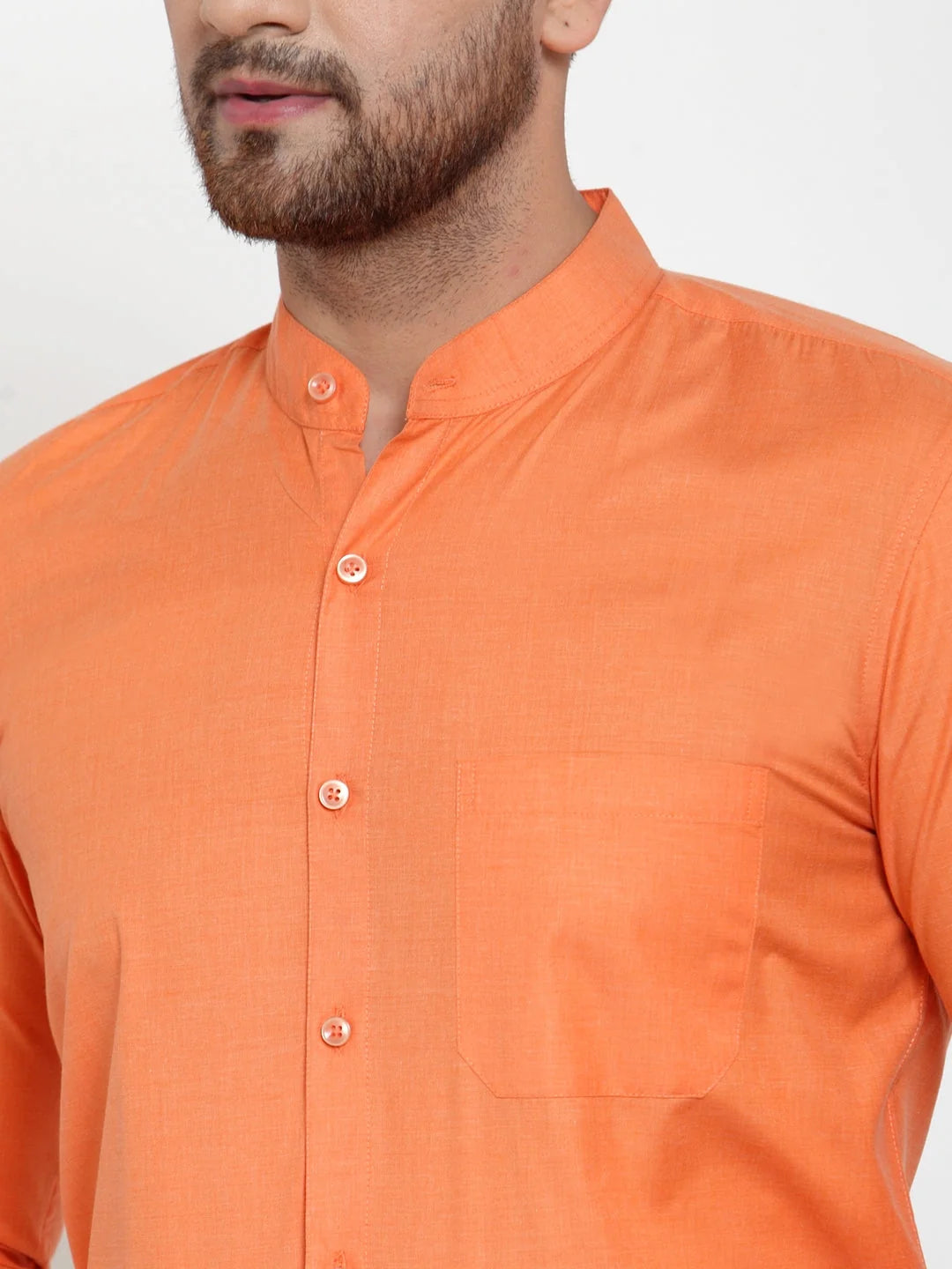 Orange Cotton Mandarin Collar Formal Shirts for Men