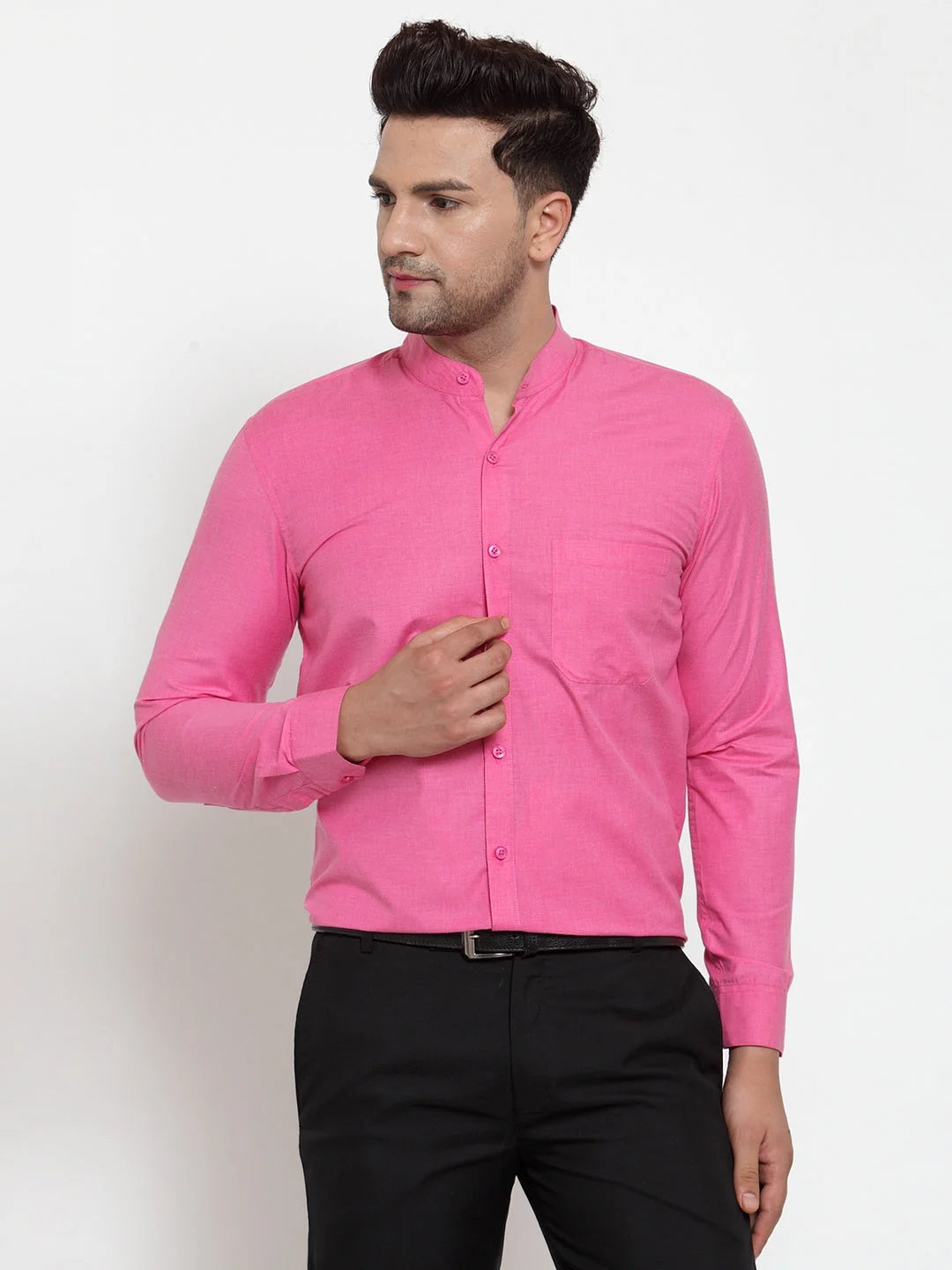 Pink Cotton Mandarin Collar Formal Shirts | Indian Needle